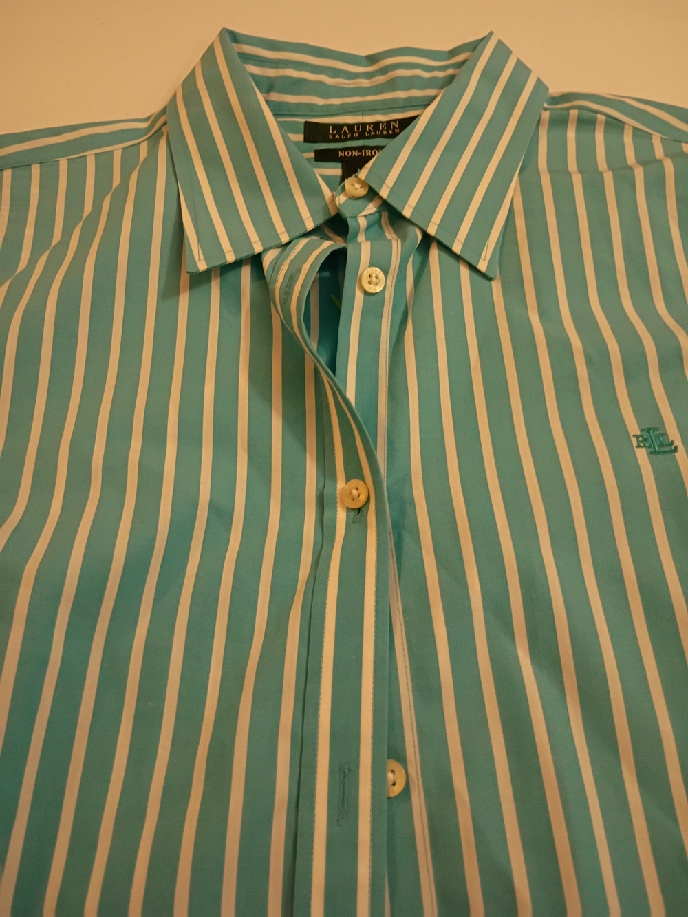 Lauren Ralph Lauren Womans Turquoise Button Down Striped Shirt Non Iron Preppy - Picture 2 of 4